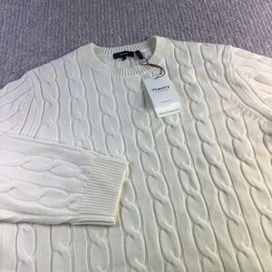 Theory Cable Knit Sweater Cream Wool Cashmere Blend Crew Neck Long Sleeve XL NWT